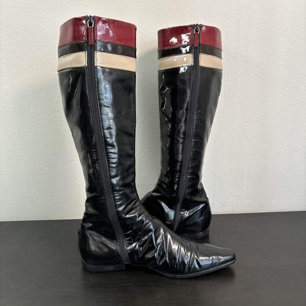 Burberry Red Black Patent Leather Pointed-Toe Knee-High Riding Boots Womens 37.5 - Picture 8 of 16